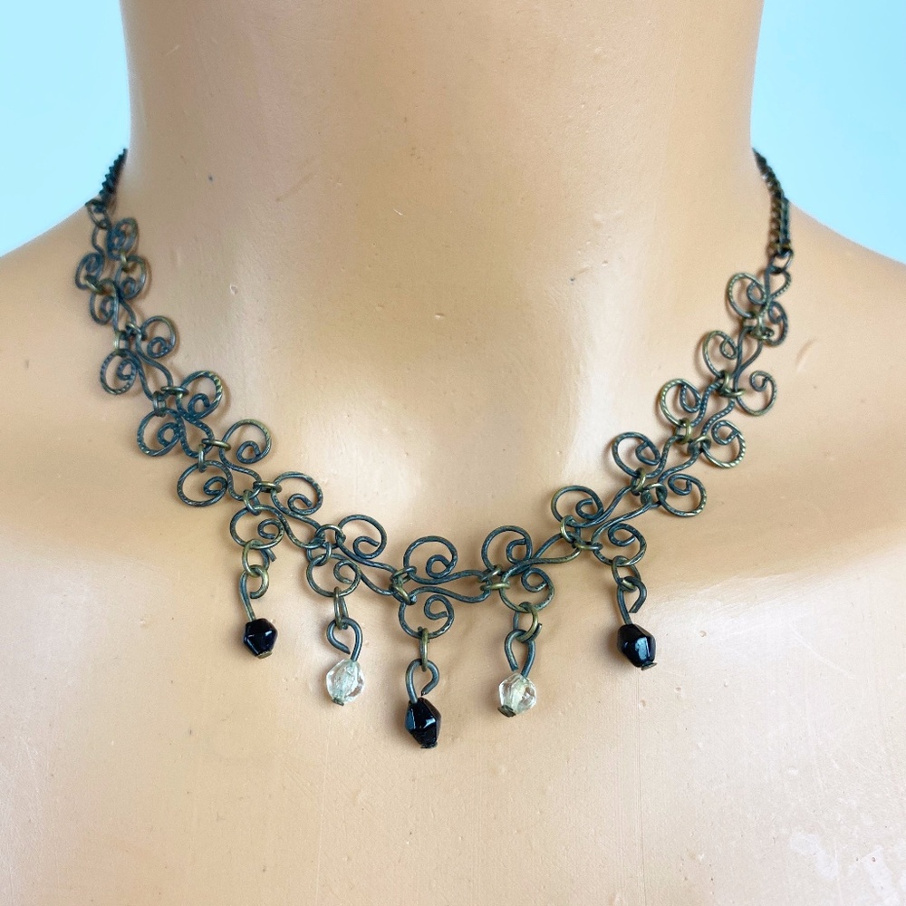 dark curlicue metal NECKLACE small black & clear beads vintage jewelry